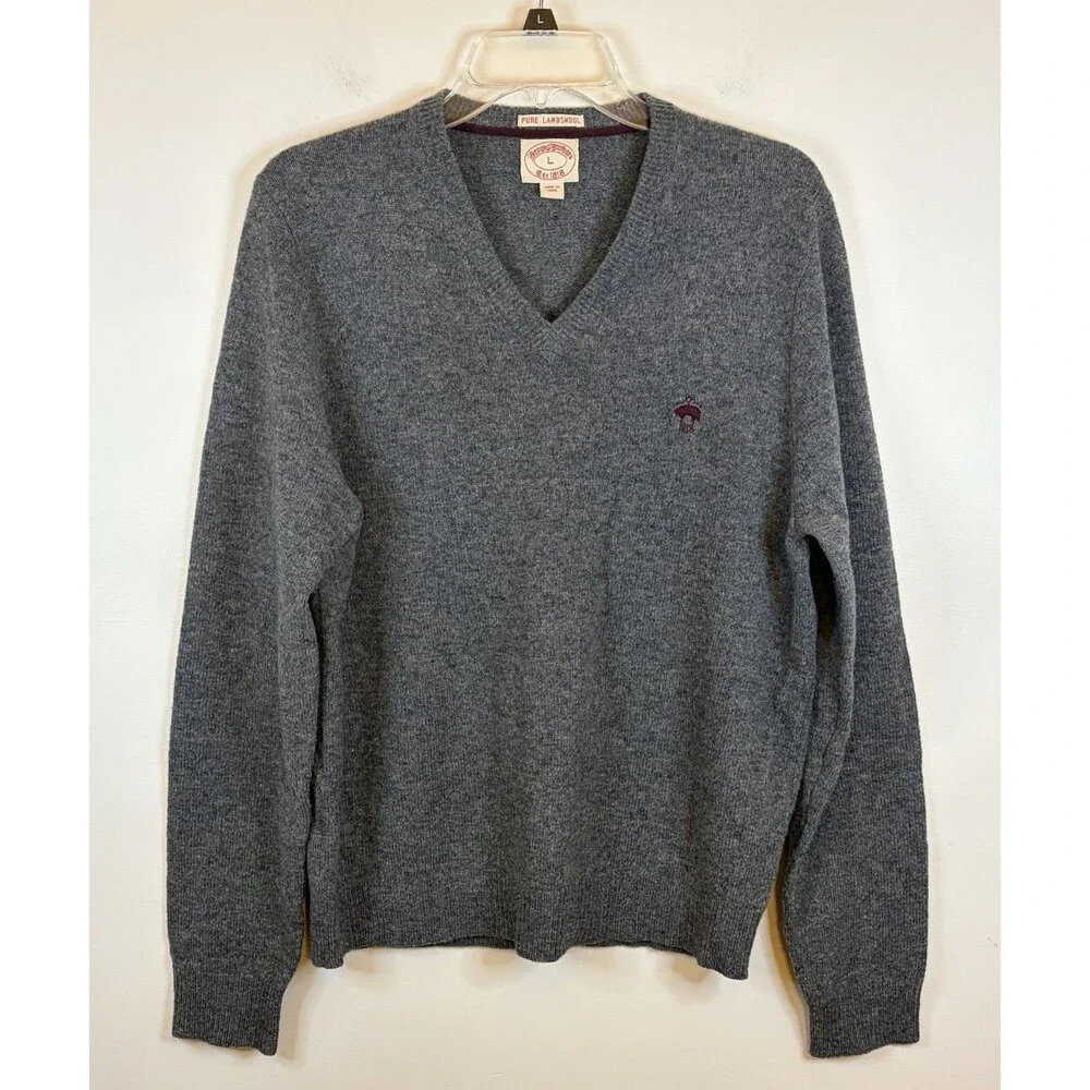 BROOKS BROTHERS Gray V Neck Lambswool Sweater Men Large Knit Pullover Preppy